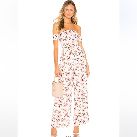 superdown Pants - SUPERDOWN Revolve Lo Off The Shoulder White Floral Wide Leg Smocked Jumpsuit XS